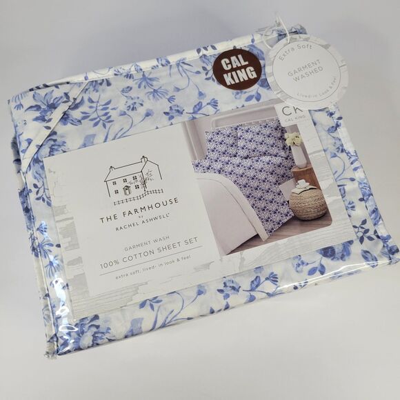Rachel Ashwell Farmhouse Shabby Chic CAL KING Sheet Set White Blue Floral Cotton - Picture 1 of 12